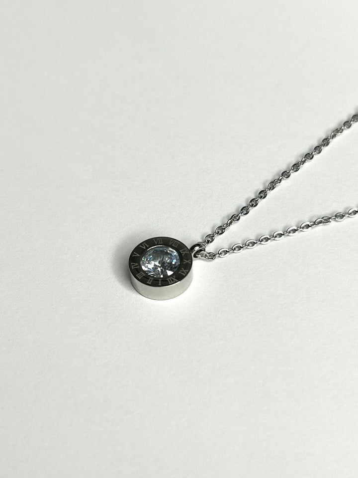 Silver Necklace With Diamante Circle Pendant 8298