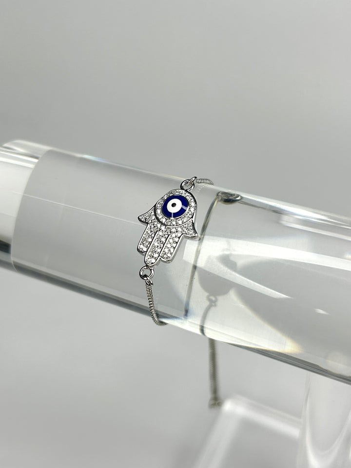 Silver Adjustable Diamante Bracelet With Evil Eye Hand 8335