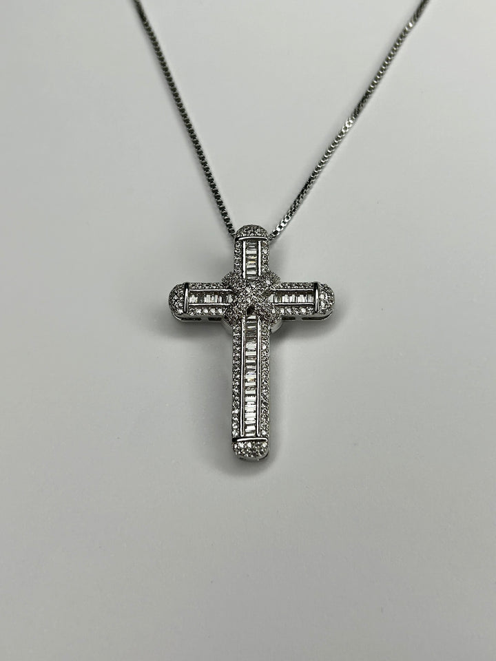 Big Silver Diamante Baguette Cross Necklace 8336