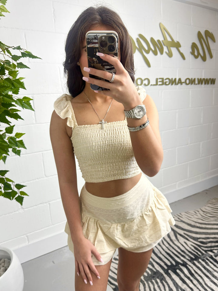 Beige Ruffle Smocked Top With Frill Skort Set