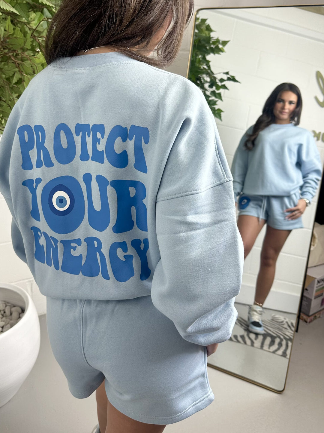 Blue Sweatshirt Evil Eye Protect Your Energy Shorts Set 9955