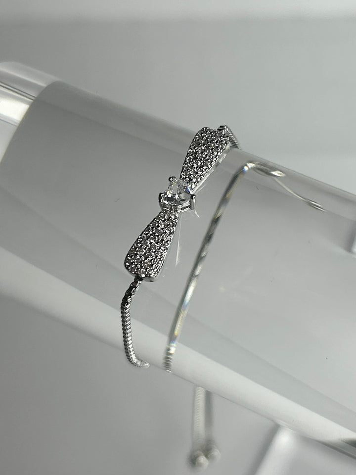 Silver Adjustable Bow Bracelet With Clear Gem Heart 2282