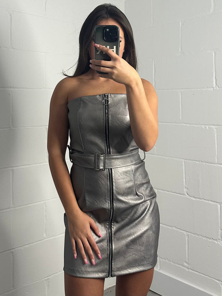 Pewter Leather Look Belted Mini Dress 6557