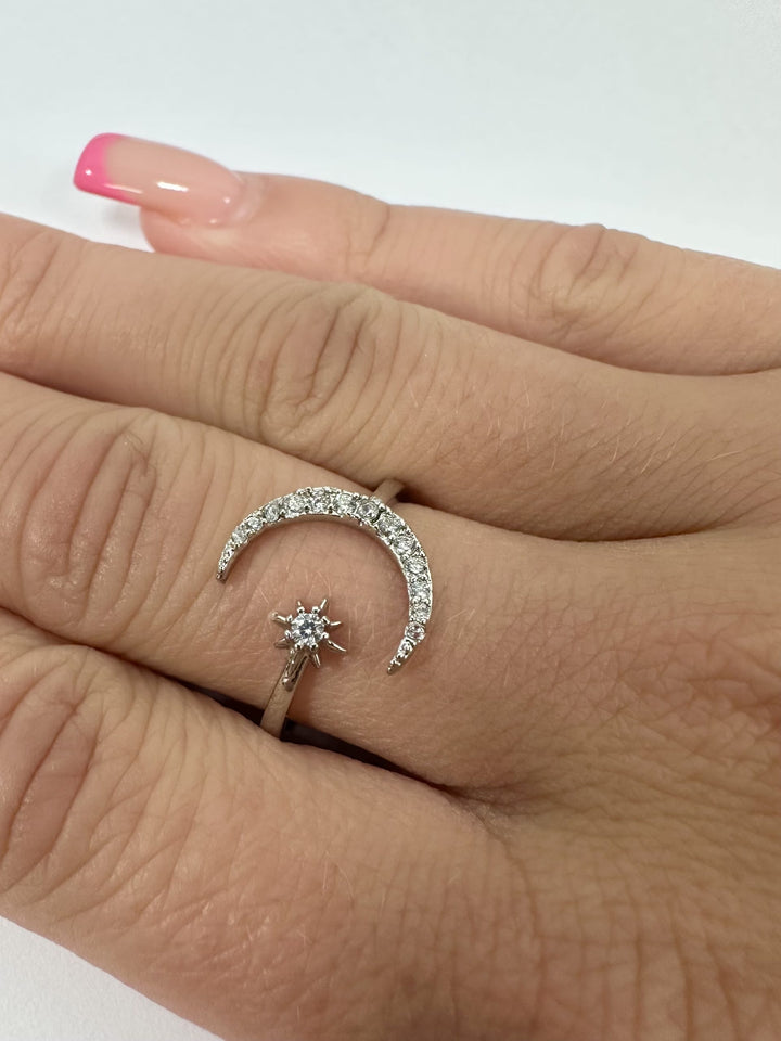 Silver Adjustable Moon And Star Ring