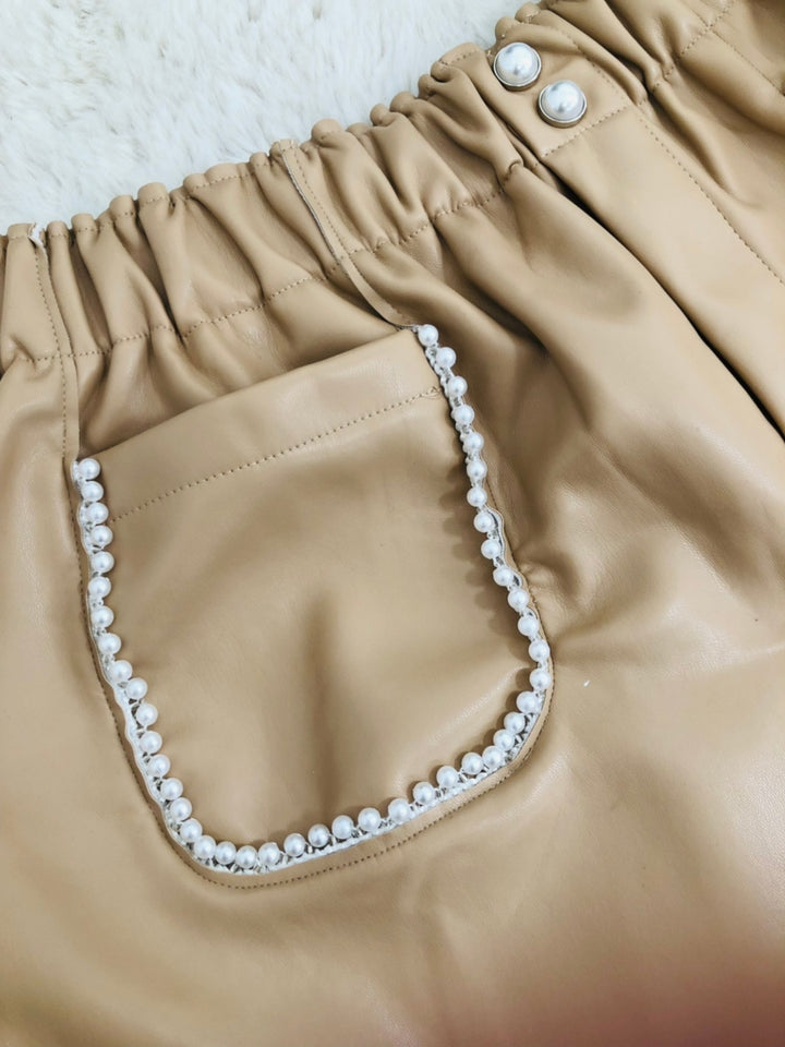 Camel Leather Look Pearl Detail  Shorts 2664