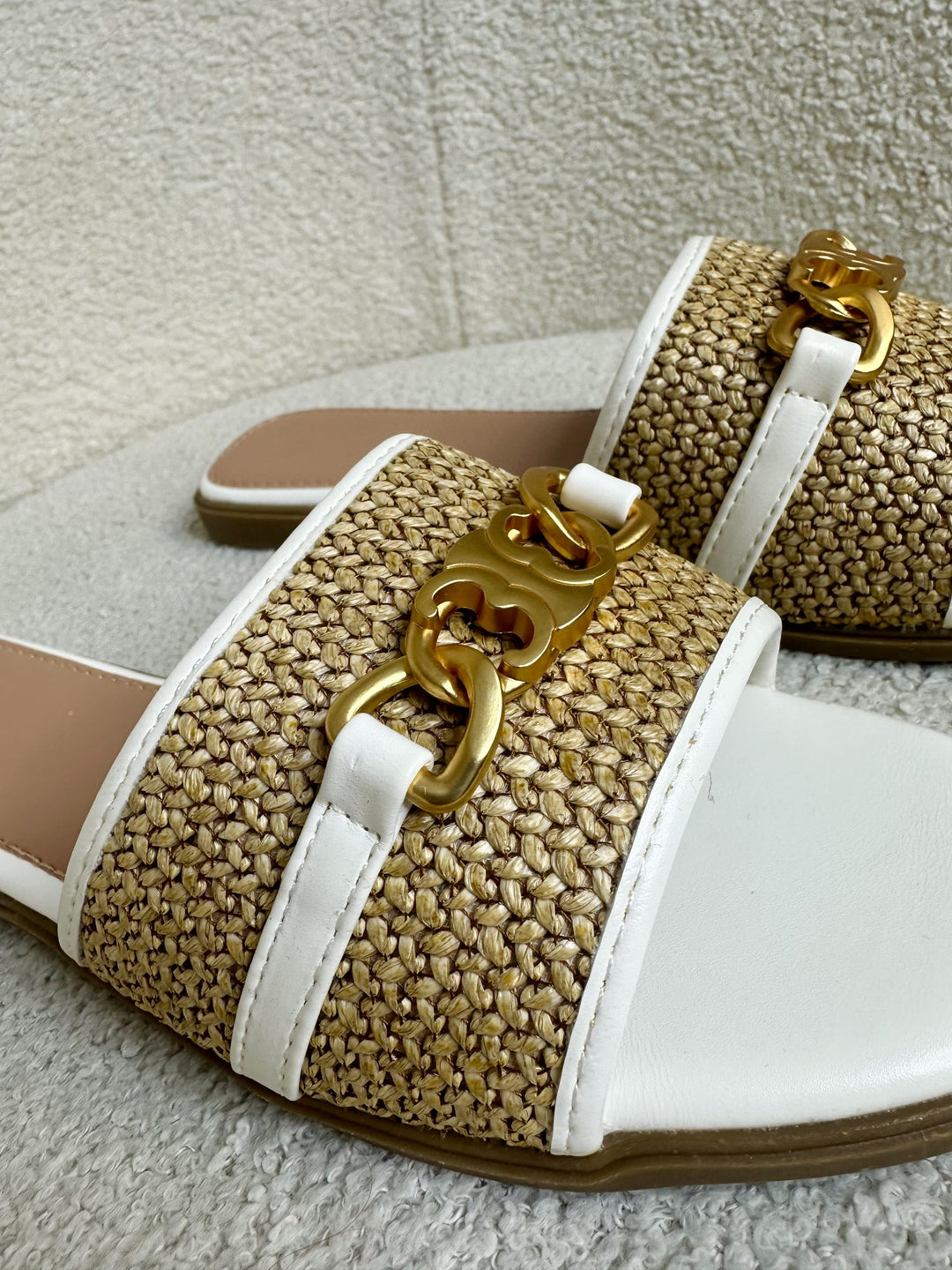 White Woven Detail Gold Buckle Sliders 339