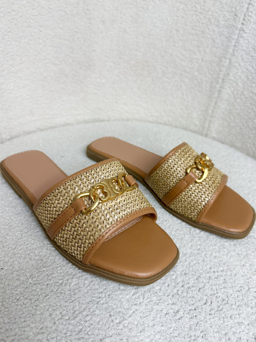 Tan Woven Detail Gold Buckle Sliders 337