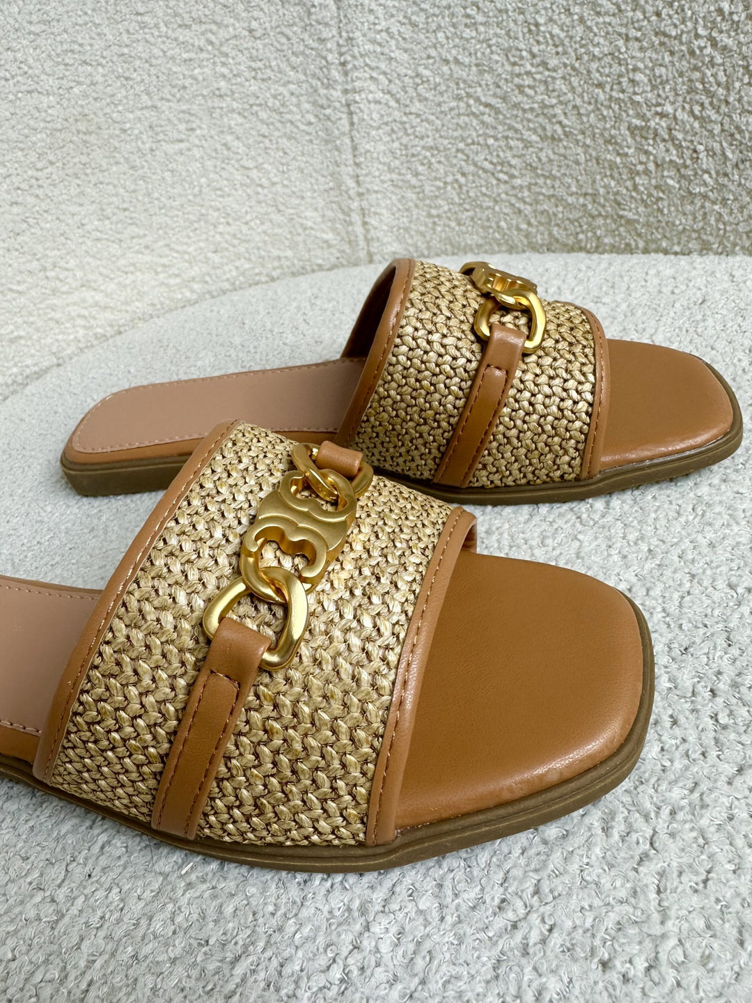 Tan Woven Detail Gold Buckle Sliders 337