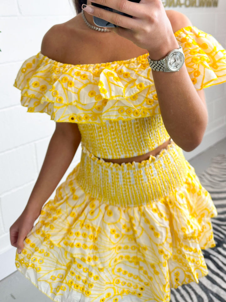 Yellow And White Bardot frill Top And Skirt Set