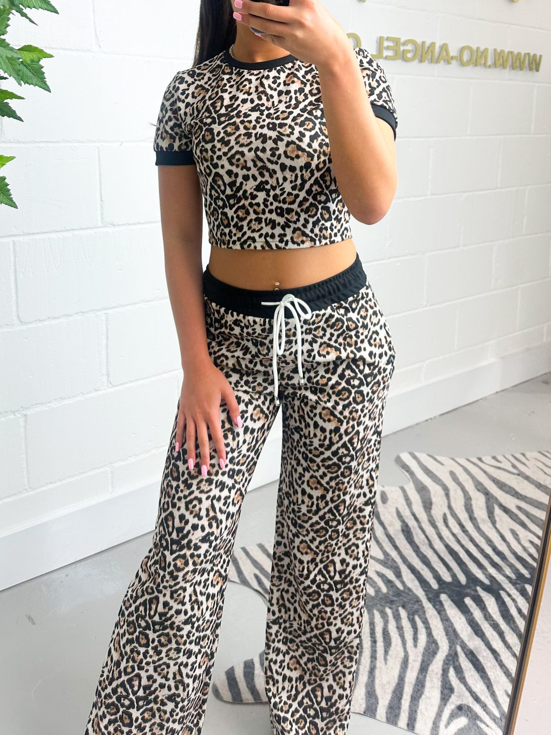 Leopard Black Trim Top And Wide Leg Trouser Set 1073