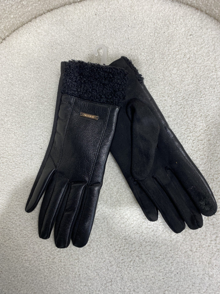Black Leather Look Faux Shearling Trim Gloves 7830