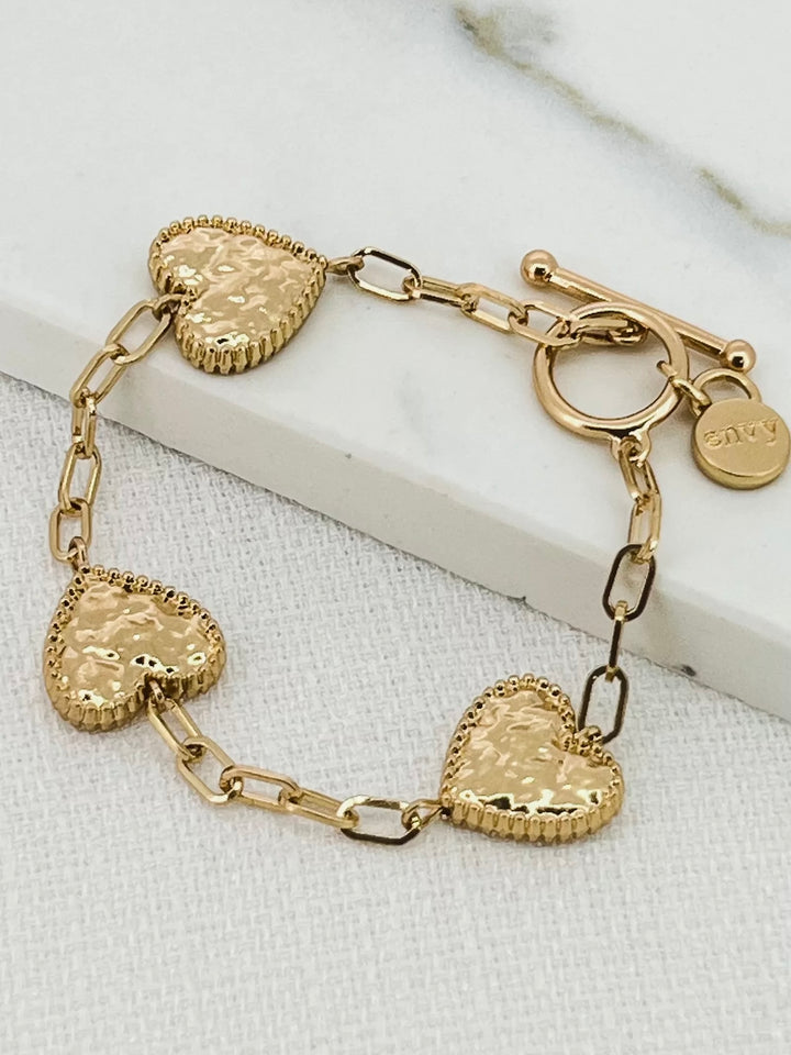 Gold Battered Heart T-Bar Bracelet 6750